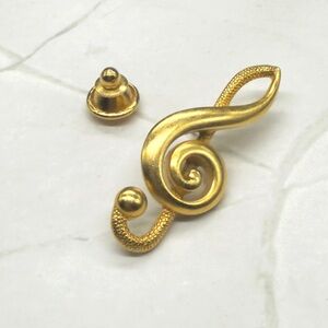 🎼Treble Clef Brooch Pin Gold Tone Signed JJ Jonette Vintage Jewelry